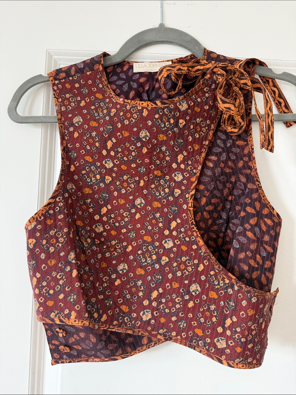 Ulla Johnson Burgundy Floral Tie-Neck Crop Top with Orange Accents, US2